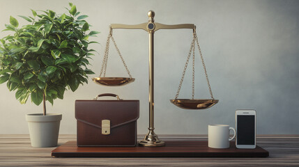 A balanced scale representing work-life harmony, with a briefcase and phone on one side, and a plant and coffee mug on the other. A perfect symbol of balance, priorities, and mindful living.