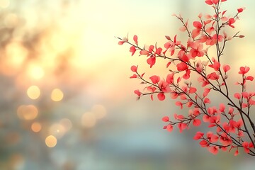 Obraz premium Red flowers branch sunset bokeh background.
