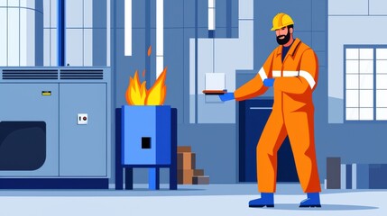 Cartoon Industrial Worker in Orange Uniform Holding Fire Extinguisher in Factory Interior