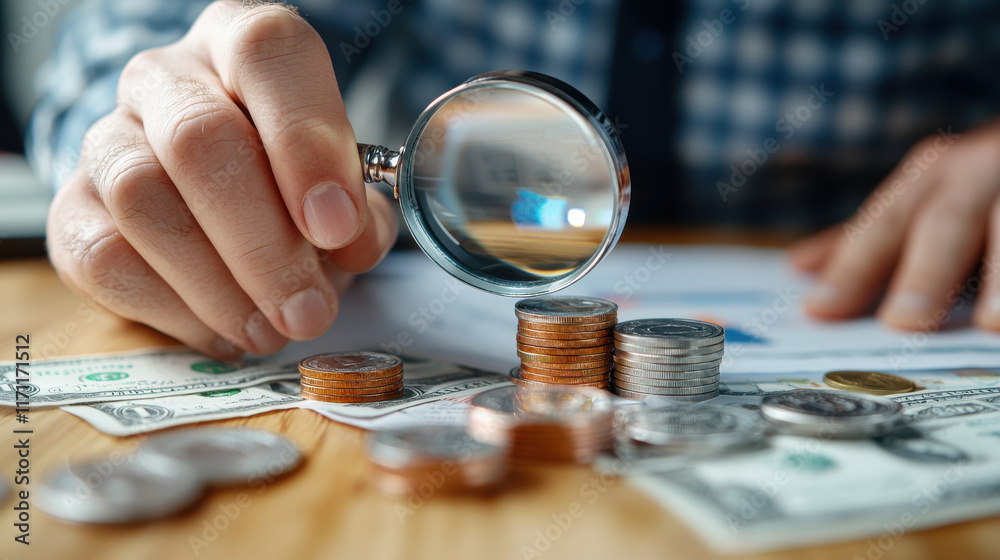 Poster Analyzing financial report with currency notes and coins using magnifying glass. focus is on careful examination and attention to detail in financial matters