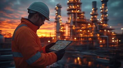 Engineer sunset refinery digital tablet inspection