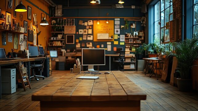 A rustic, industrial-style office space with a large wooden table in the foreground, computers, and plants.