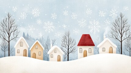 Fototapeta premium Cozy Winter Village Scene with Snowflakes and Charming Houses Against a Soft Blue Background