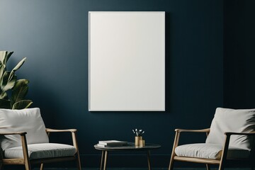 Mockup of blank poster in a modern living room with armchairs and a coffee table.