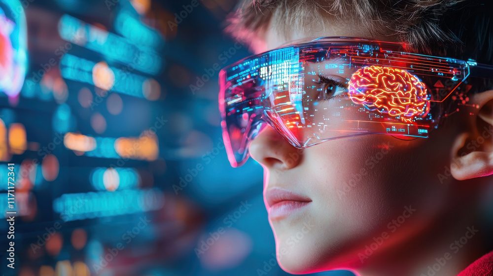 Poster child wearing futuristic glasses with brain interface, immersed in digital data. vibrant colors and 