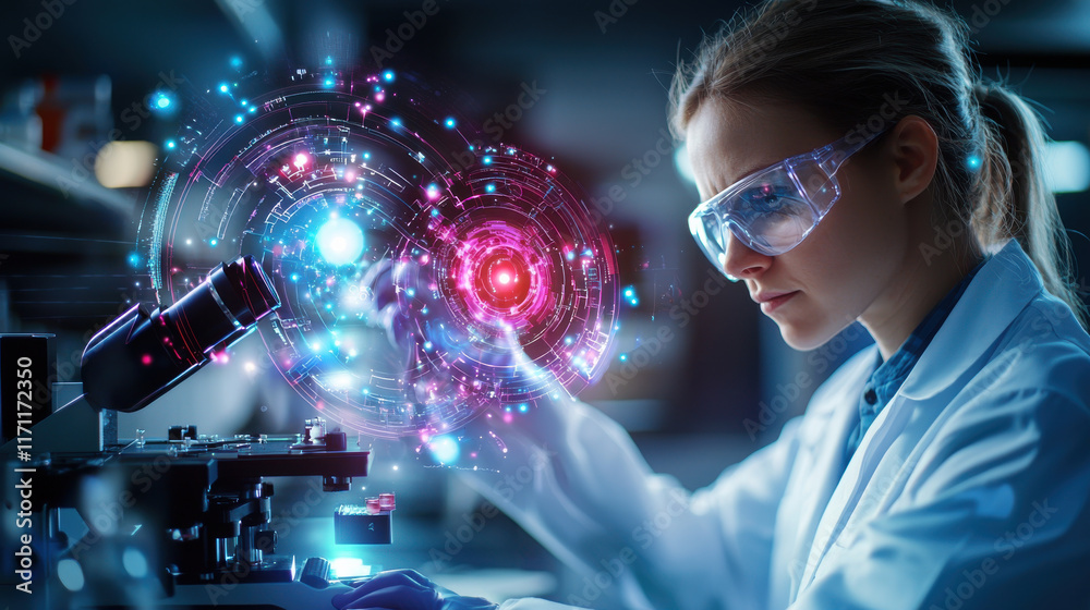 Aufkleber scientist in lab coat examines high tech microscope while visualizing data. scene captures essence of modern research and innovation in laboratory setting