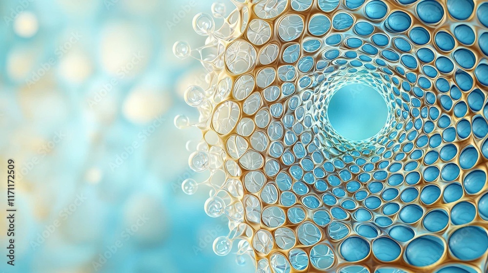 Poster abstract representation of cellular structure showcasing bubbles and light in a soft blue background