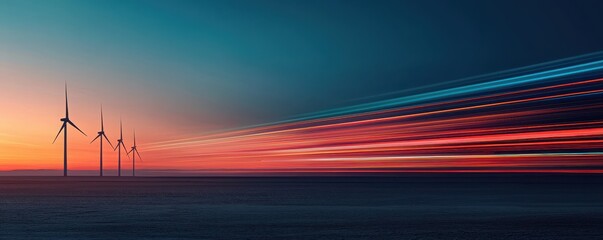 Renewable energy action wind farm at sunset for sustainability