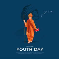 12th January - Happy Indian National Youth day Post and Flyer Template. Swami Vivekananda Jayanti Creative with Text and Silhouette Vector Illustration