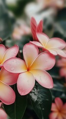 Beautiful pink and yellow plumeria flowers with raindrops captured in a tropical garden setting during the early morning