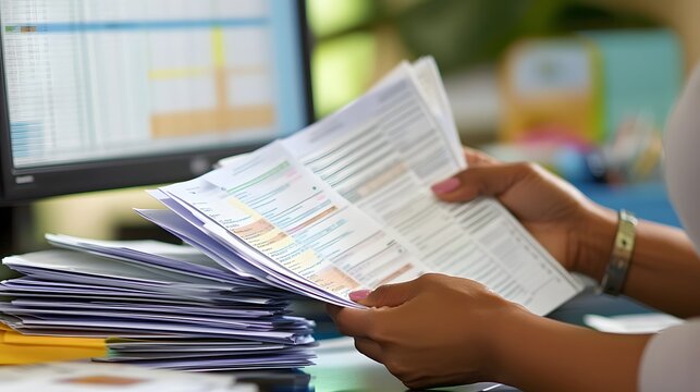 A close-up of a woman is hands organizing papers on a desk, with a computer monitor displaying spreadsheets in the background