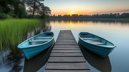 Naklejka premium Tranquil Sunset: Two Blue Boats at a Wooden Dock