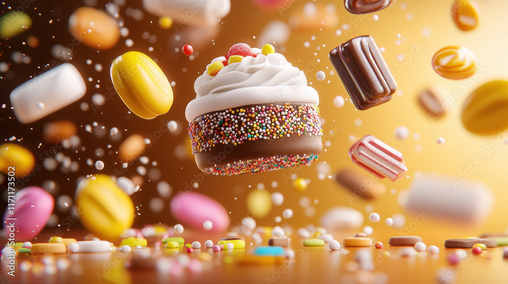 Aufkleber colorful assortment of candies and cupcake with sprinkles float in mid air, creating whimsical and playful atmosphere. vibrant colors and textures evoke sense of joy and indulgence