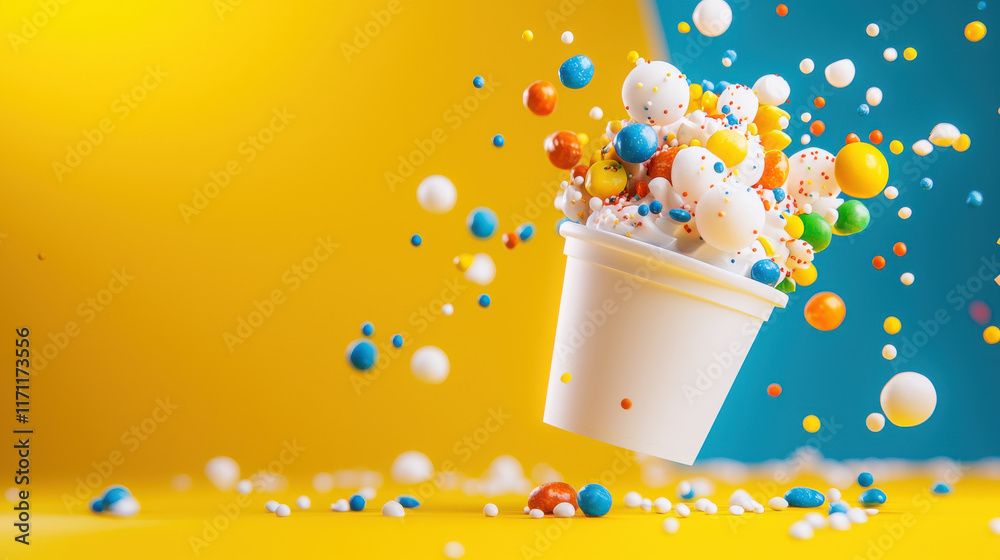 Poster vibrant display of colorful sprinkles bursting from white cup against bright yellow background, creating playful and joyful atmosphere