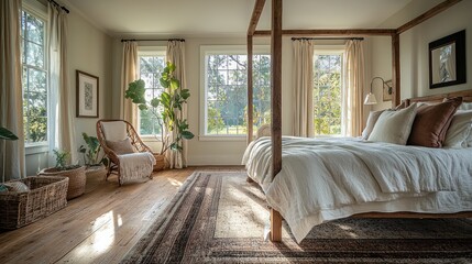 Cozy bedroom with a four-poster bed, soft linens, and plenty of natural light.