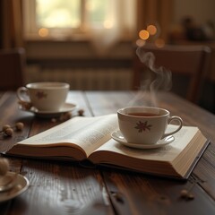 Fototapeta premium Open book and teacup on knitted blanket in warm light.