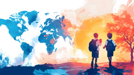 Two children stand together against a colorful world map backdrop, symbolizing friendship and exploration