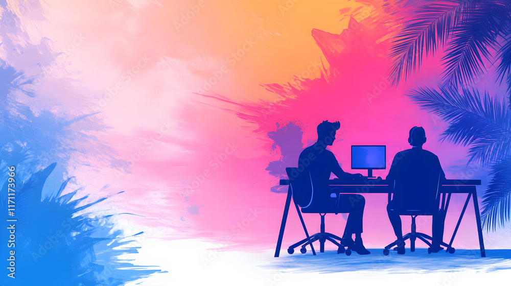 Poster silhouettes of two people working at a desk with vibrant abstract background colors