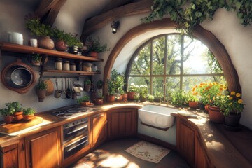 A magical kitchen in a fairy-tale setting, with floating utensils, glowing shelves, and enchanted herbs growing in pots