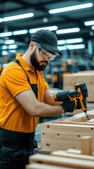 Fototapeta premium Skilled carpenter uses an electric drill to assemble a wooden door frame in a home workshop during the day