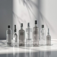 Naklejka premium Transparent bottles with labels in minimalist lighting