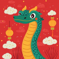 Naklejka premium Colorful Dragon Character with Lanterns and Clouds on a Red Background, Symbolizing Good Fortune and Celebration in Asian Culture