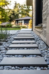 Walkway constructed with stone slabs surrounded by small pebbles and lush greenery leading to a modern house in a serene garden setting