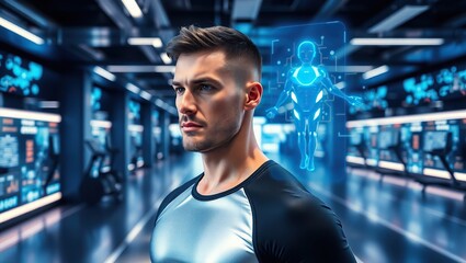 Man in Fitness Apparel with Holographic Body Scan