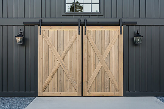 The sleek design of modern barn doors beautifully enhances the contemporary aesthetic of the striking black exterior of the building