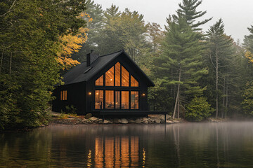 Modern black cabin nestled by a tranquil lake surrounded by lush trees in a serene autumn setting during early morning mist