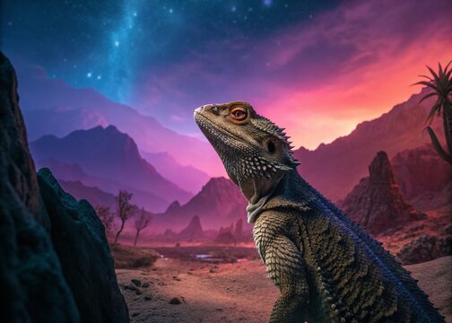 Surreal Reptilian Portrait: Scales, Eyes, and Otherworldly Landscape - Powered by Adobe