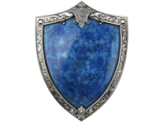 Intricate blue shield design with ornate details