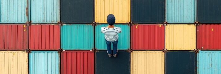 A man of mixed ethnicity standing on colorful shipping containers, creating a vibrant scene.