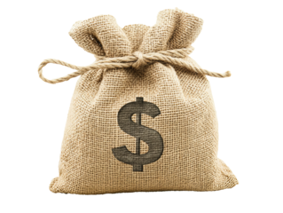 Money bag filled with cash on a plain background