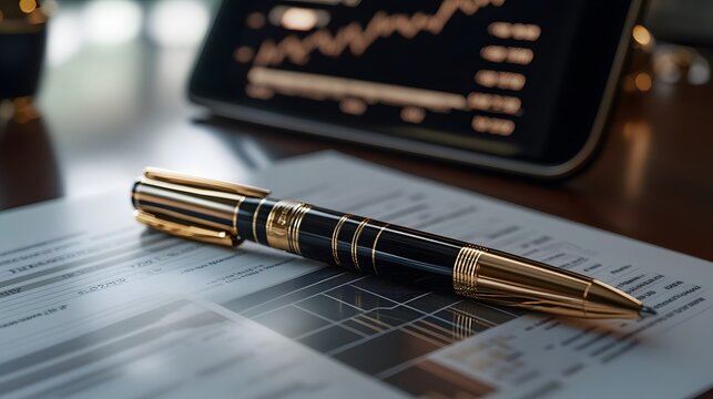 A focused shot of a luxury pen lying on a financial report, with a tablet displaying stock prices in the background