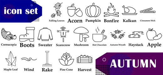 A charming set of autumn icon illustrations, greeting cards, autumn event invitations, promotional posters, websites, social media and other marketing materials.
