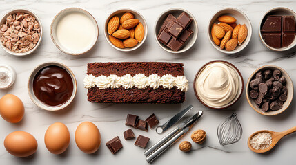 Decadent chocolate cake ingredients arranged beautifully on marble surface