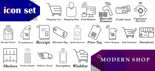 The latest and precise modern shop icon set illustration, Its simple yet clear shape makes this icon easy to apply in various sizes and formats.