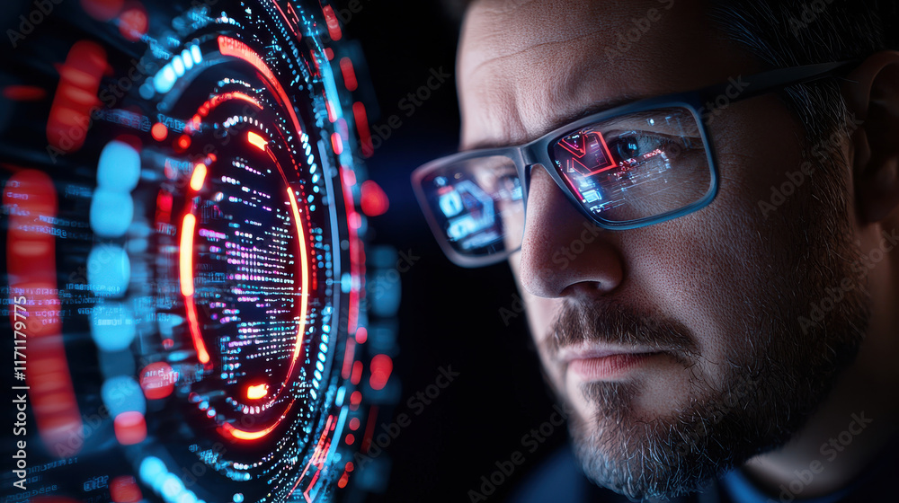 Poster focused cybersecurity professional analyzes data on futuristic interface, showcasing advanced technology and digital security concepts