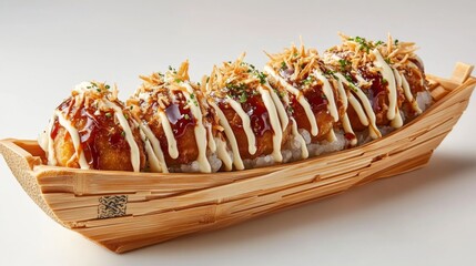A vibrant presentation of takoyaki drizzled with spicy mayonnaise and bonito flakes, served in a bamboo boat, emphasizing its delicious flavors and appealing aesthetics.
