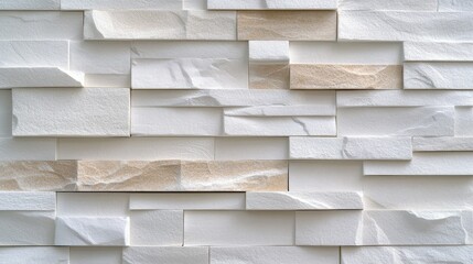 Close-up of a textured stone brick wall with irregular, layered geometric blocks in beige and white...