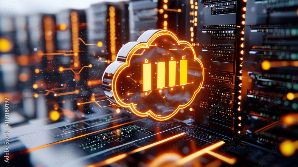 Aufkleber visual concept of secure cloud computing with encrypted data storage, showcasing glowing cloud symbol and server infrastructure