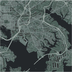 Map of Dundalk in Maryland in a smooth dark style. Contains layered vector with roads water, parks, etc.