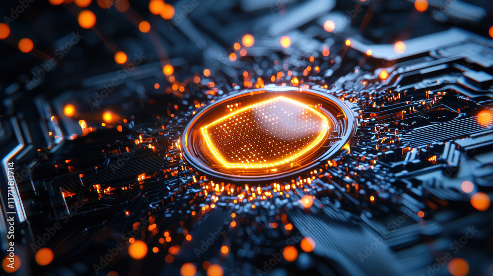 Poster glowing shield surrounded by intricate circuitry and glowing particles creates captivating digital background. This abstract design evokes sense of technology and innovation
