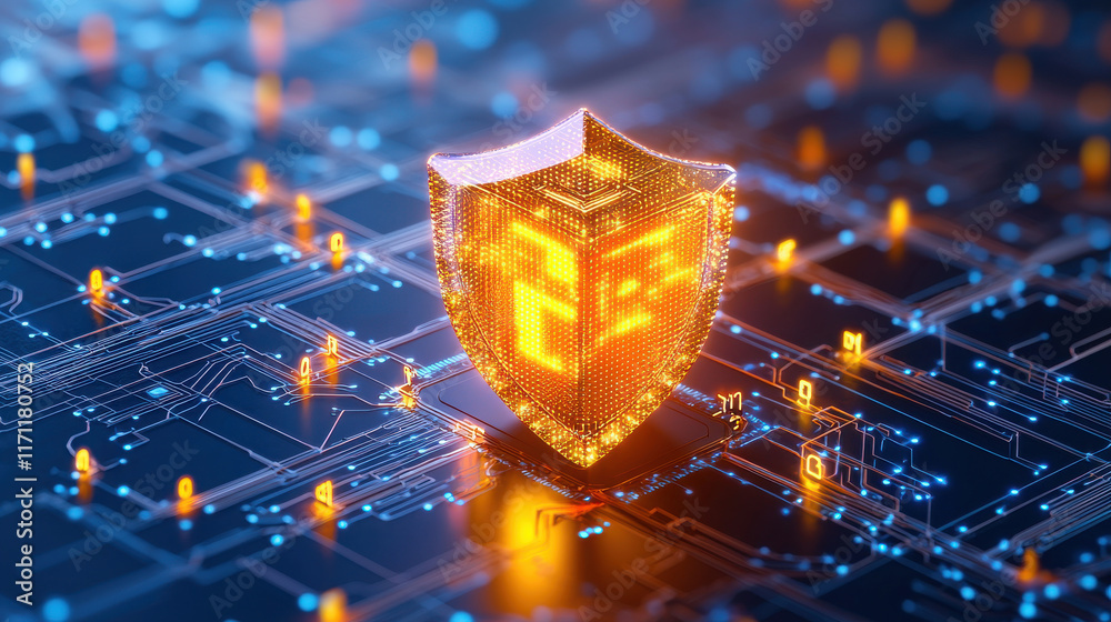 Poster glowing shield symbolizing digital security stands out against circuit board background, representin