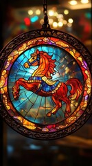 Fototapeta premium Stained glass suncatcher featuring a carousel horse.