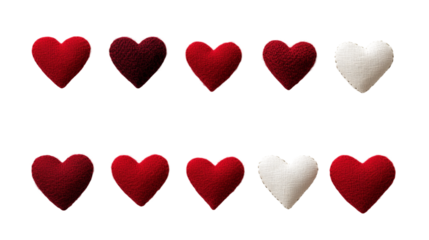 Set of stitched fabric hearts with thread outlines isolated on transparent background, Valentines day love romantic decoration