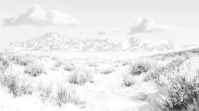 Snowy landscape with distant mountains and grassy foreground