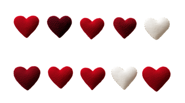 Set of stitched fabric hearts with thread outlines isolated on transparent background, Valentines day love romantic decoration