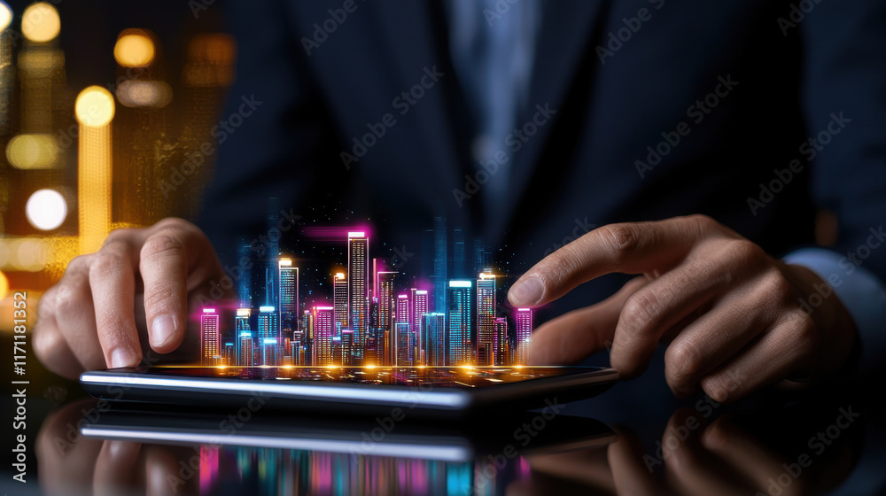Poster businessman using tablet to visualize futuristic cityscape with vibrant colors and lights, represent